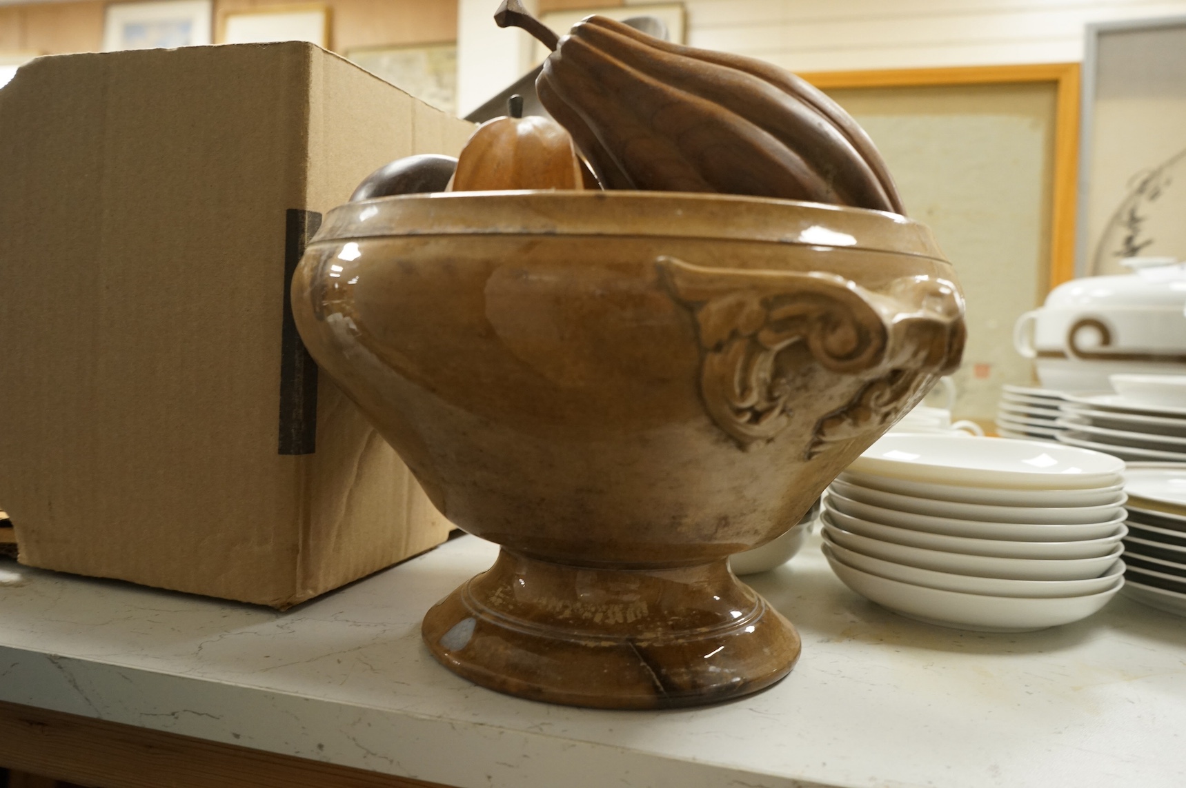 Sundry items to include carved wooden fruit, metalware and a Chinese jar. Condition - varies